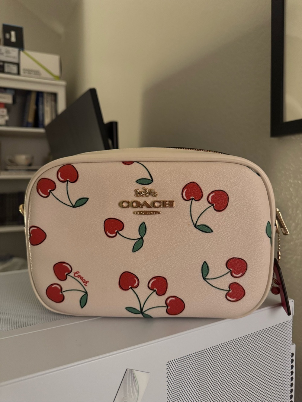Coach Pink Cherry-Print Crossbody Bag with Striped Strap - Picture 2 of 4